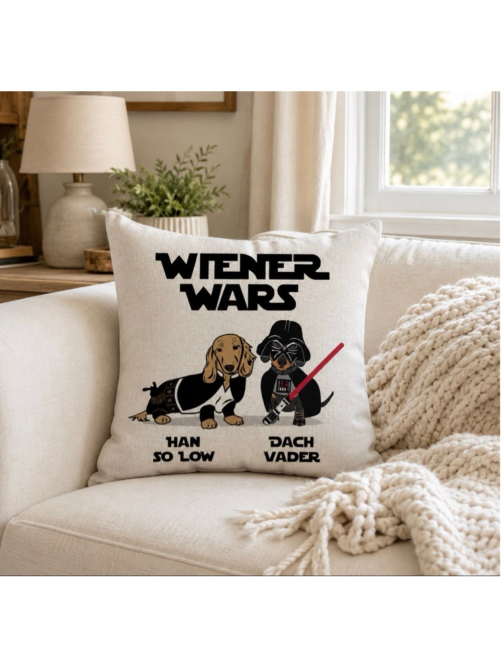Dachshund Wiener Wars Linen Throw Pillow Cover 16x16 Hidden Zipper Dog Decor